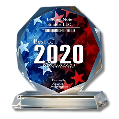 Crystal award with red and blue star design, inscribed with "Leading Note Studios LLC Continuing Education Best of 2020 Encinitas."