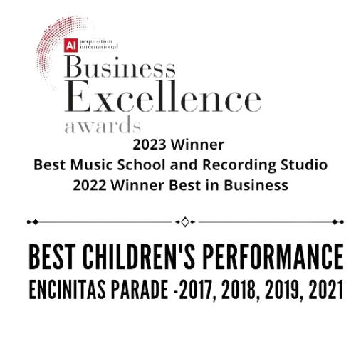 Award certificate for Business Excellence 2023 Winner, Best Music School and Recording Studio, 2022 Winner for Best in Business, and Best Children's Performance at Encintas Parade for 2017, 2018, 2019, and 2021.