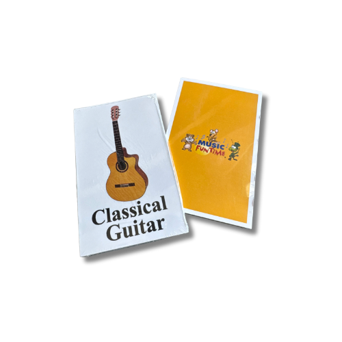 A children's activity book titled 'Classical Guitar' with an image of a guitar on the cover, and a yellow book with colorful cartoon characters and the words 'Music Fun Time' on the cover, placed on a black background.