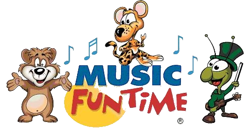 Three cartoon animals with musical instruments and the words "Music Fun Time" in colorful letters.