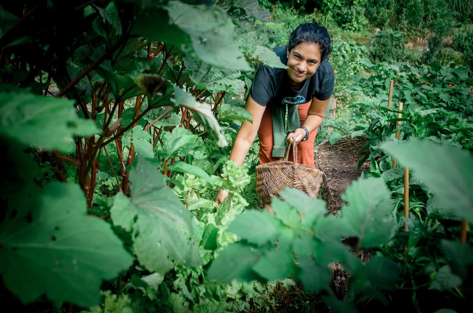 Woman in a green garden smiling and holding a basket
