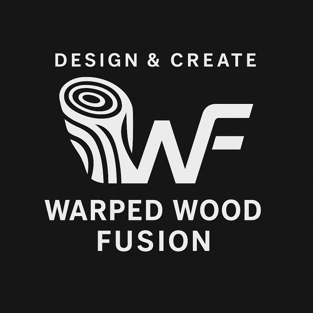 Logo for Warped Wood Fusion with a stylized "W" resembling wood grain and the text "Design & Create" above.