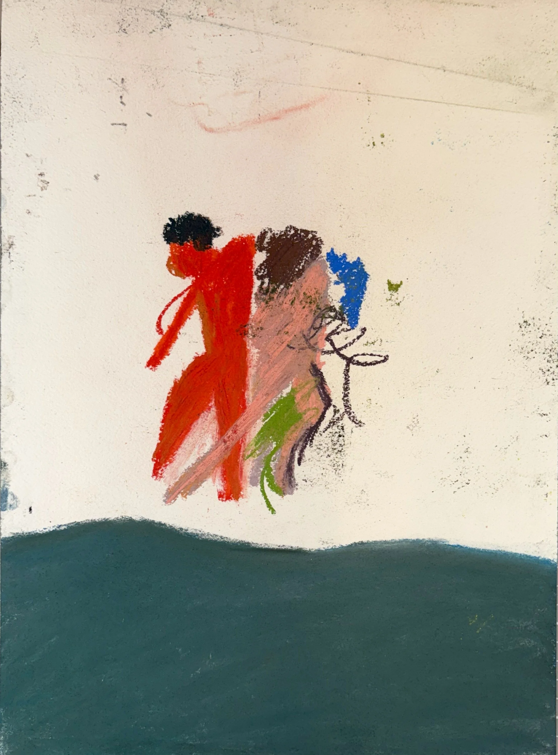 Outside fate in Olympus, pastel and pen on paper, 16x12, 2024