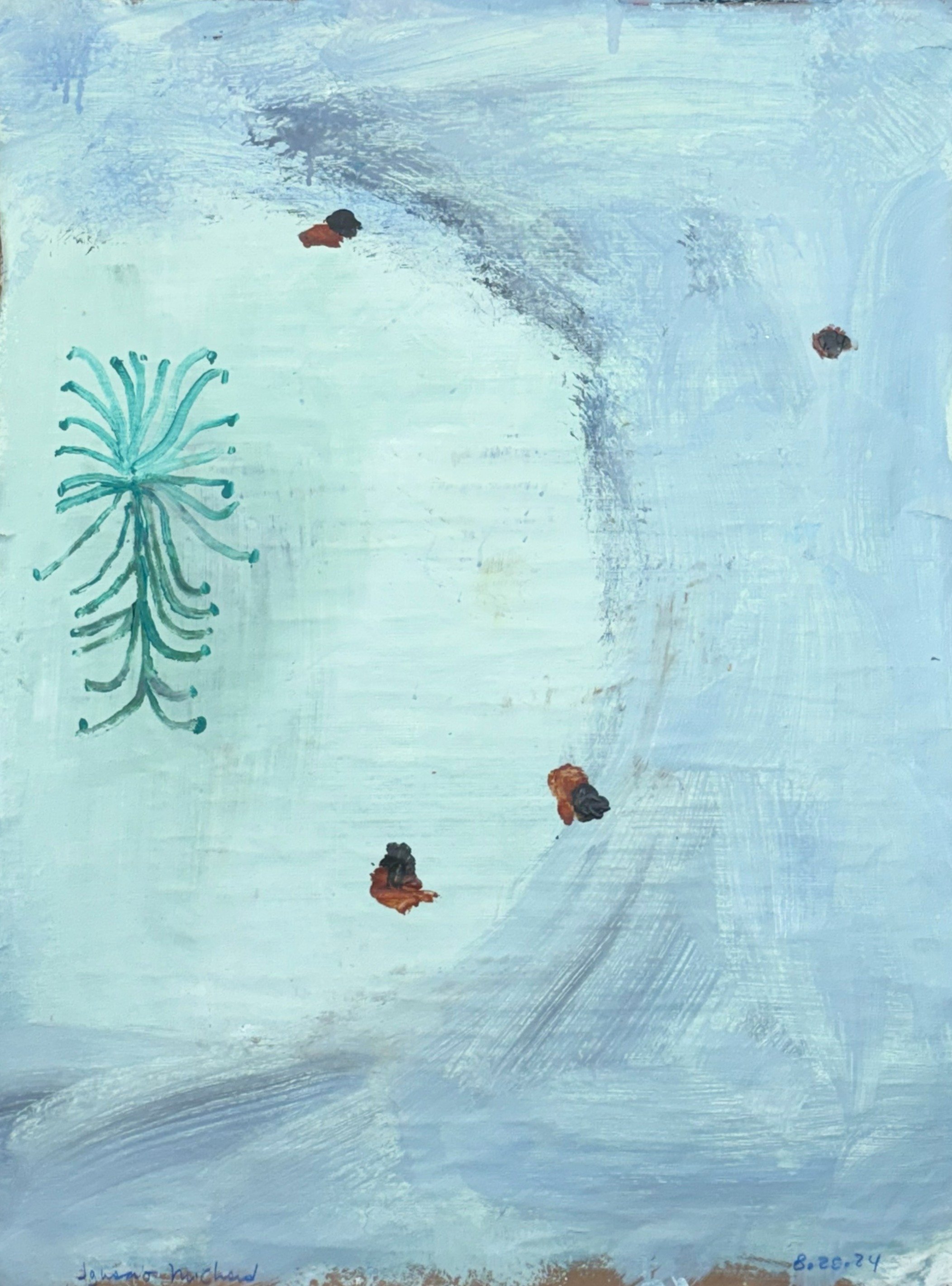 Electronic mask the hunter who is hunted, acrylic on paper, 35x26 inches, 2024