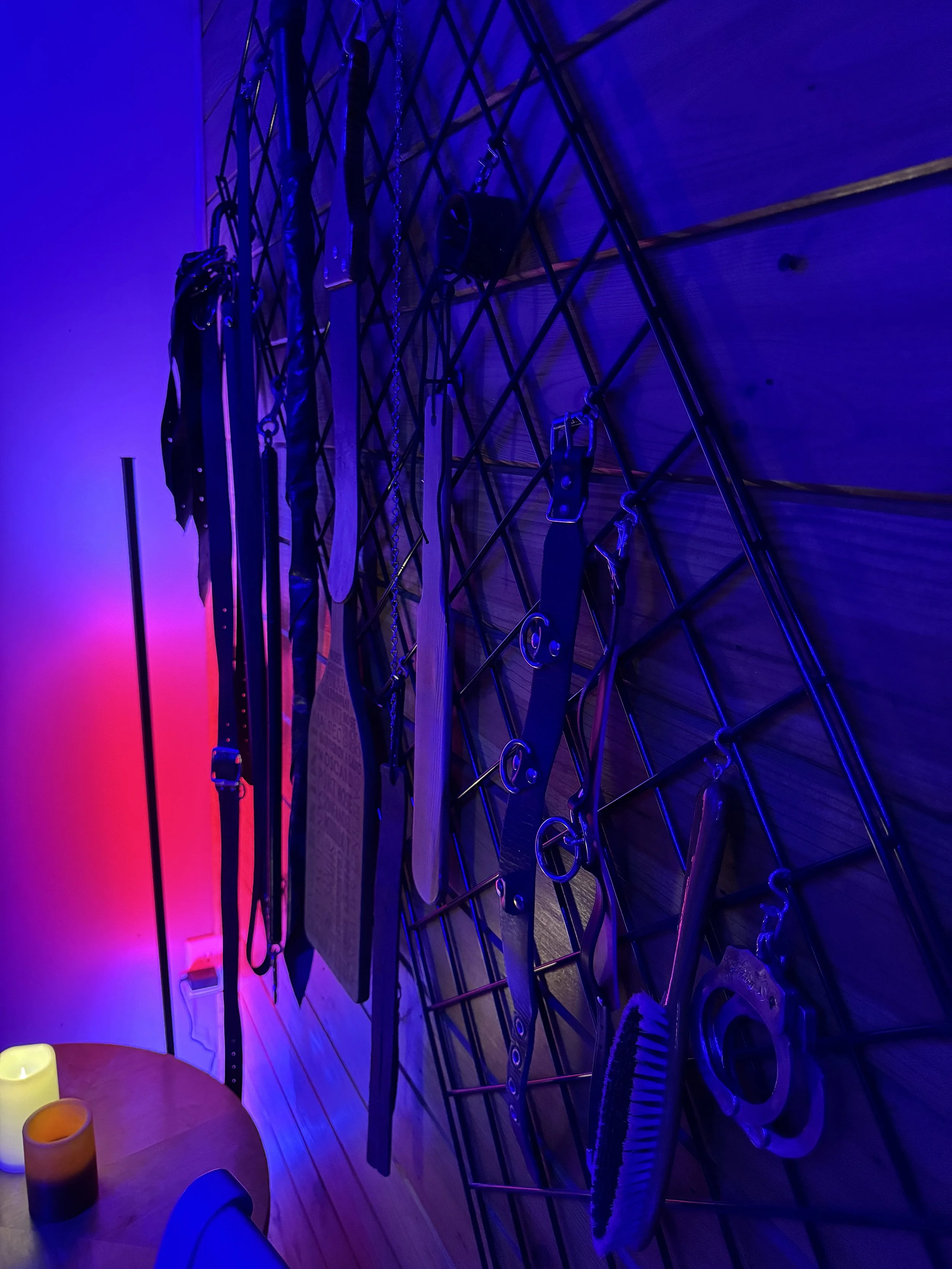 A wall-mounted grid with various tactical gear hanging, including belts, straps, and tools, illuminated by purple and pink lighting.