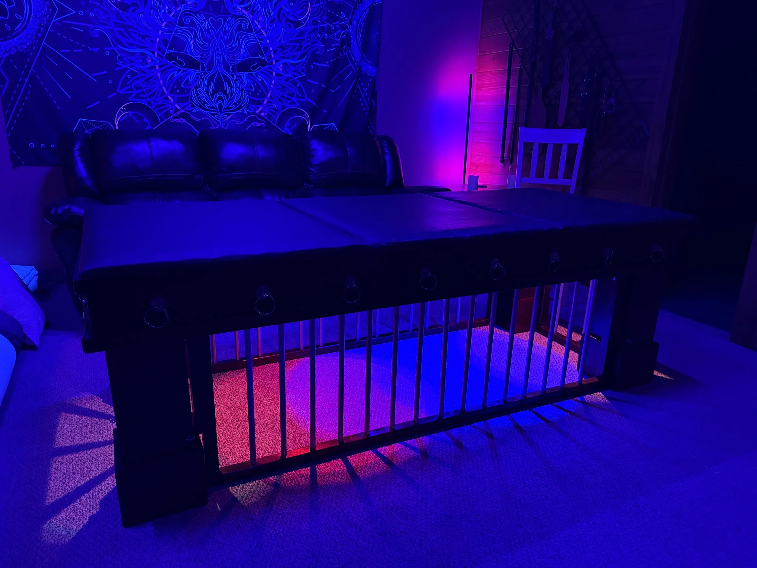 A dark room with purple and pink lighting, containing a black leather couch and a dark wooden bed with bars.