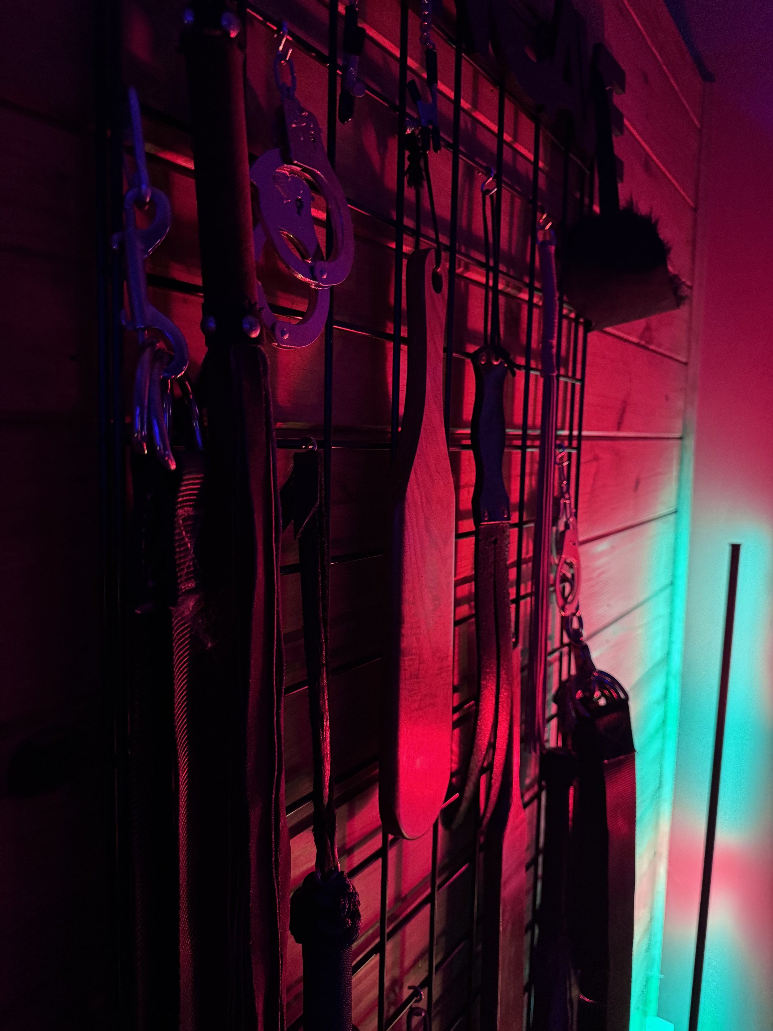 A wall with a grid of hooks holding various straps and tools, illuminated by pink and teal lighting.