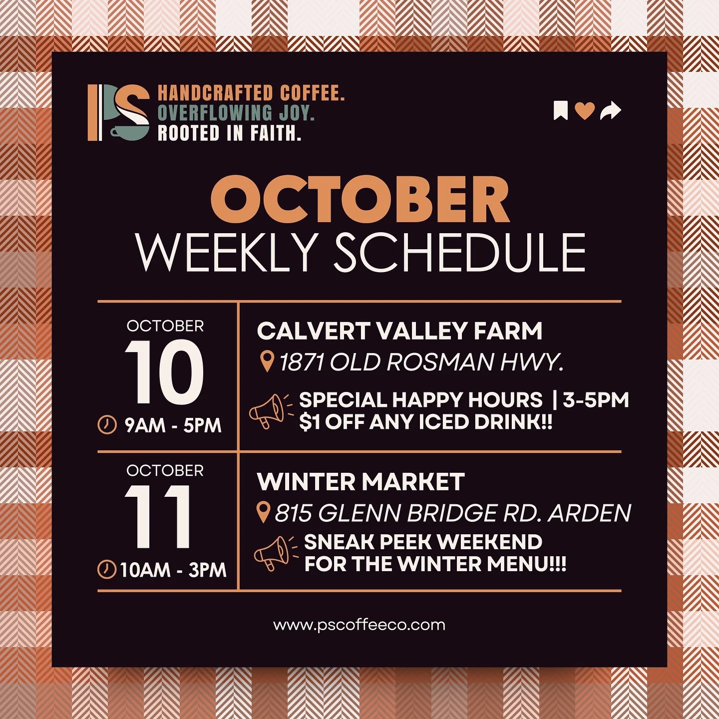 ☕️✨ Two Week October &ldquo;Stop &amp; Sip&rdquo; Schedule ✨☕️
 
I can&rsquo;t believe October is already here! The calendar is filling fast, and I&rsquo;ve got some exciting pop-ups you won&rsquo;t want to miss over the next two weeks:
 
📍 Oct 10 |