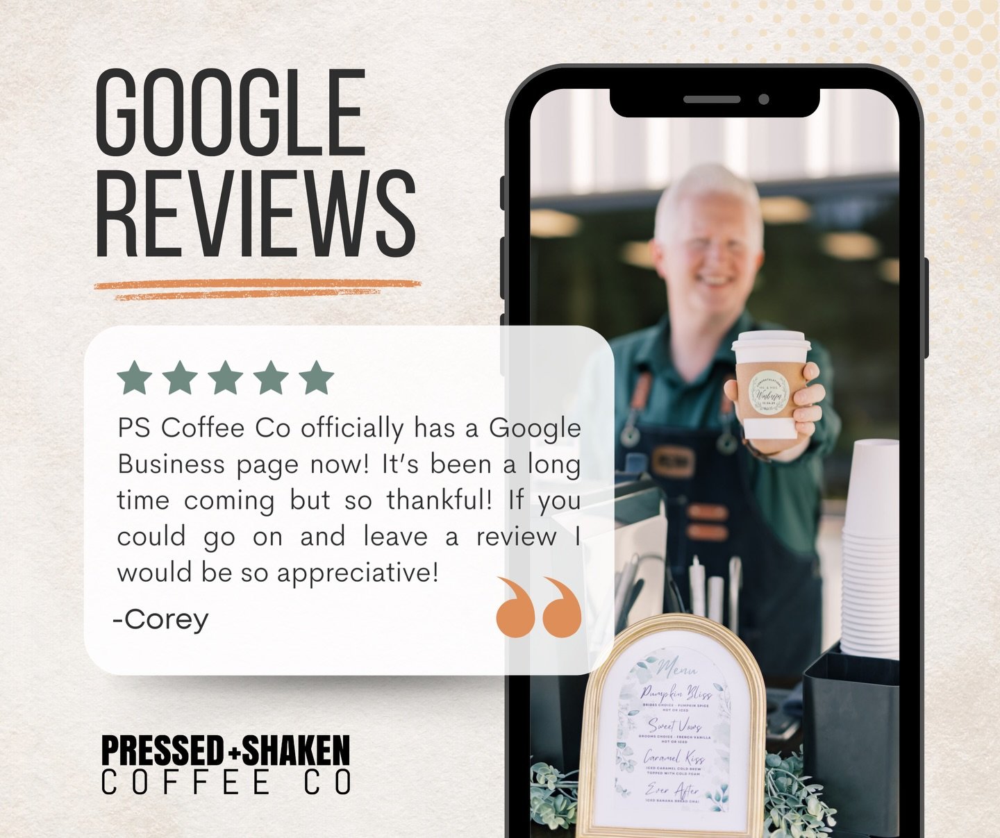 Pressed and Shaken Coffee Co. is finally on Google 🙌
 
If you&rsquo;ve ever grabbed a latte, booked me for your wedding, had me at your office, or just experienced the cart in action &mdash; I would be so grateful if you left a quick review. Your wo