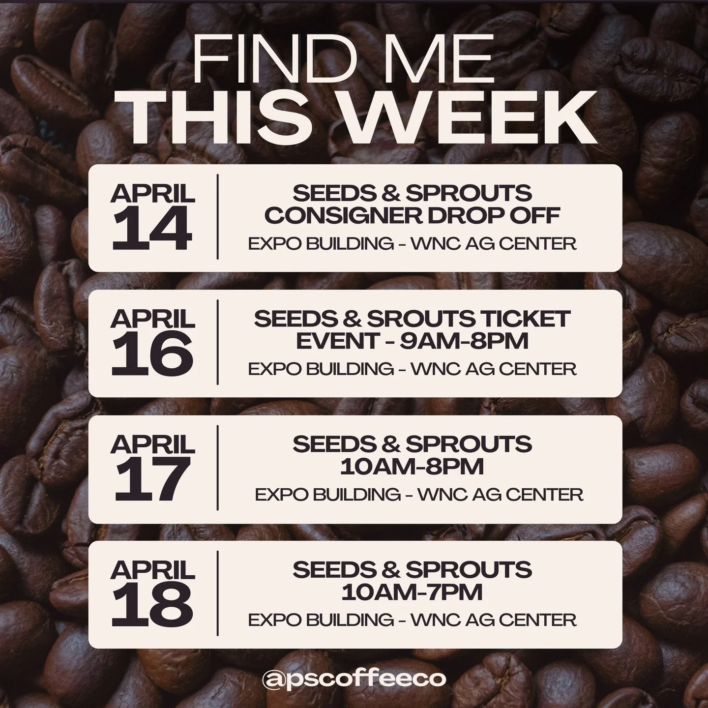 This week&rsquo;s lineup is looking real good. ☕️🙌🏻
 
I&rsquo;ll be setup at Seeds &amp; Sprouts at the WNC Ag Center Expo Building serving up coffee while y&rsquo;all shop all the cool finds at the @seedsandsproutskids event. Come grab a drink, sa