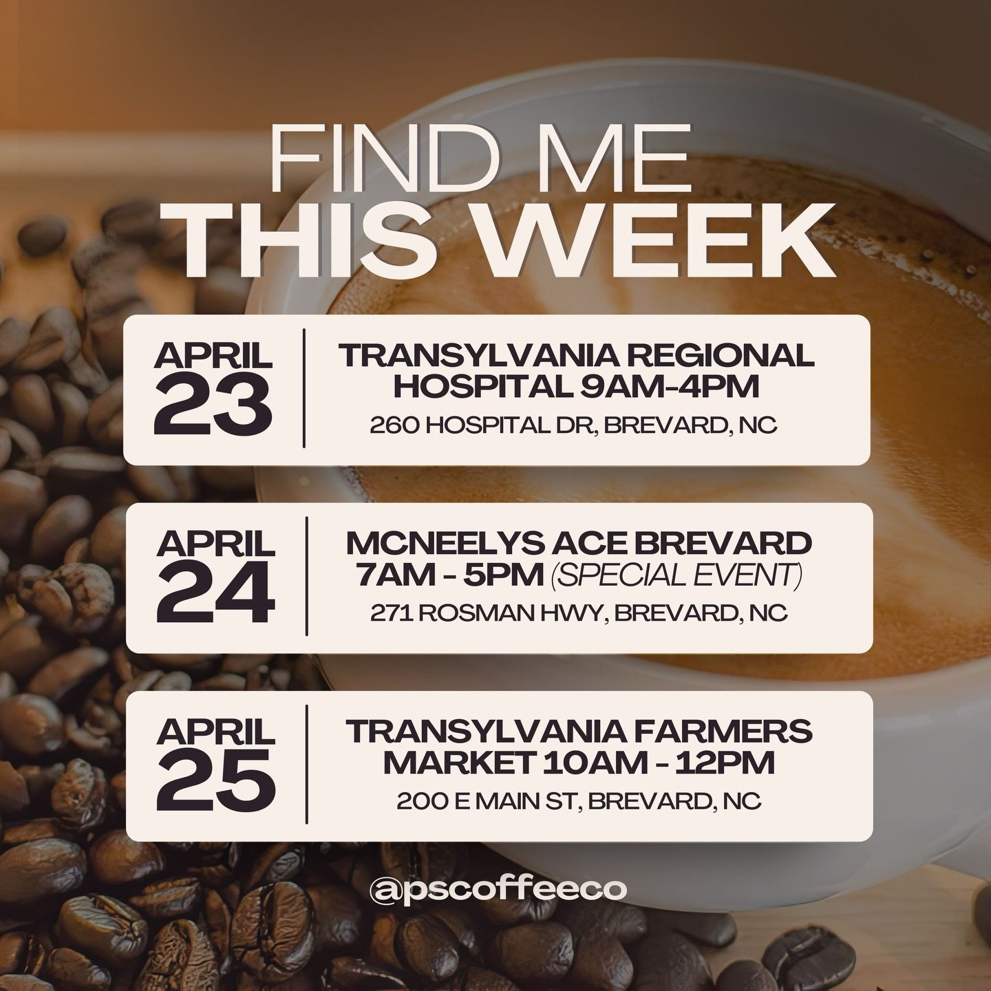 FIND ME THIS WEEK ☕️👇
 
Three chances to grab your favorite drink, hang out, and be part of something bigger:
 
📍 THURSDAY (4/23) &ndash; Transylvania Regional Hospital | 9AM&ndash;4PM 
I&rsquo;ll be serving up handcrafted coffee beverages and also