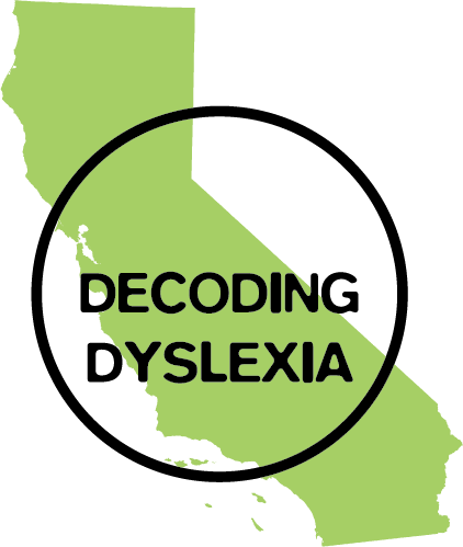 a map of California with decoding dyslexia in a circle over it