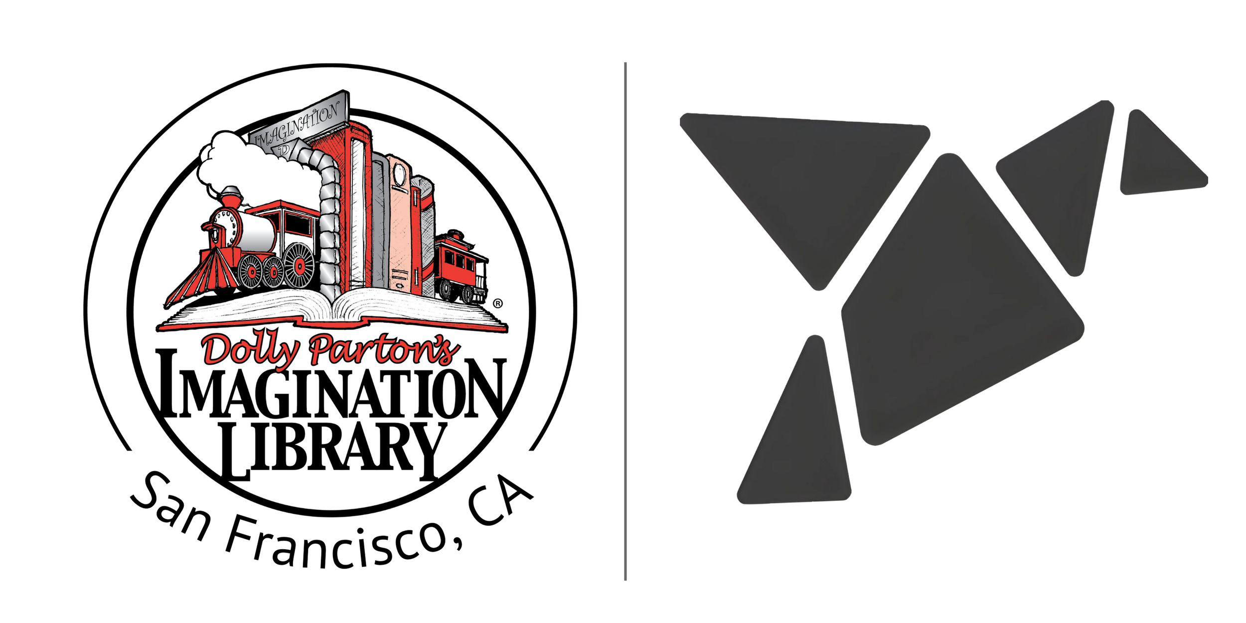 a train going through a library building and a group of shapes