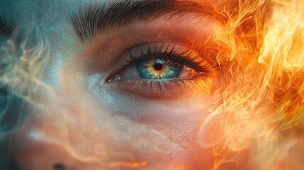 Close-up of a person's face with one eye visible, surrounded by flames and smoke.