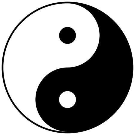 Black and white yin-yang symbol with two dots.