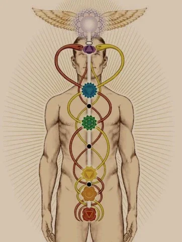 A person with a spiritual diagram overlaid on their body, showing chakras aligned along the spine from root to crown, with symbols and a winged eye at the top.