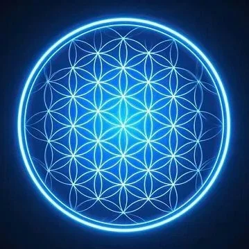 Neon blue geometric pattern of interconnected circles forming a flower of life design inside a circle.