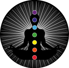Silhouette of a person meditating in a lotus position with seven colored chakras aligned along the spine, set against a radiant background.