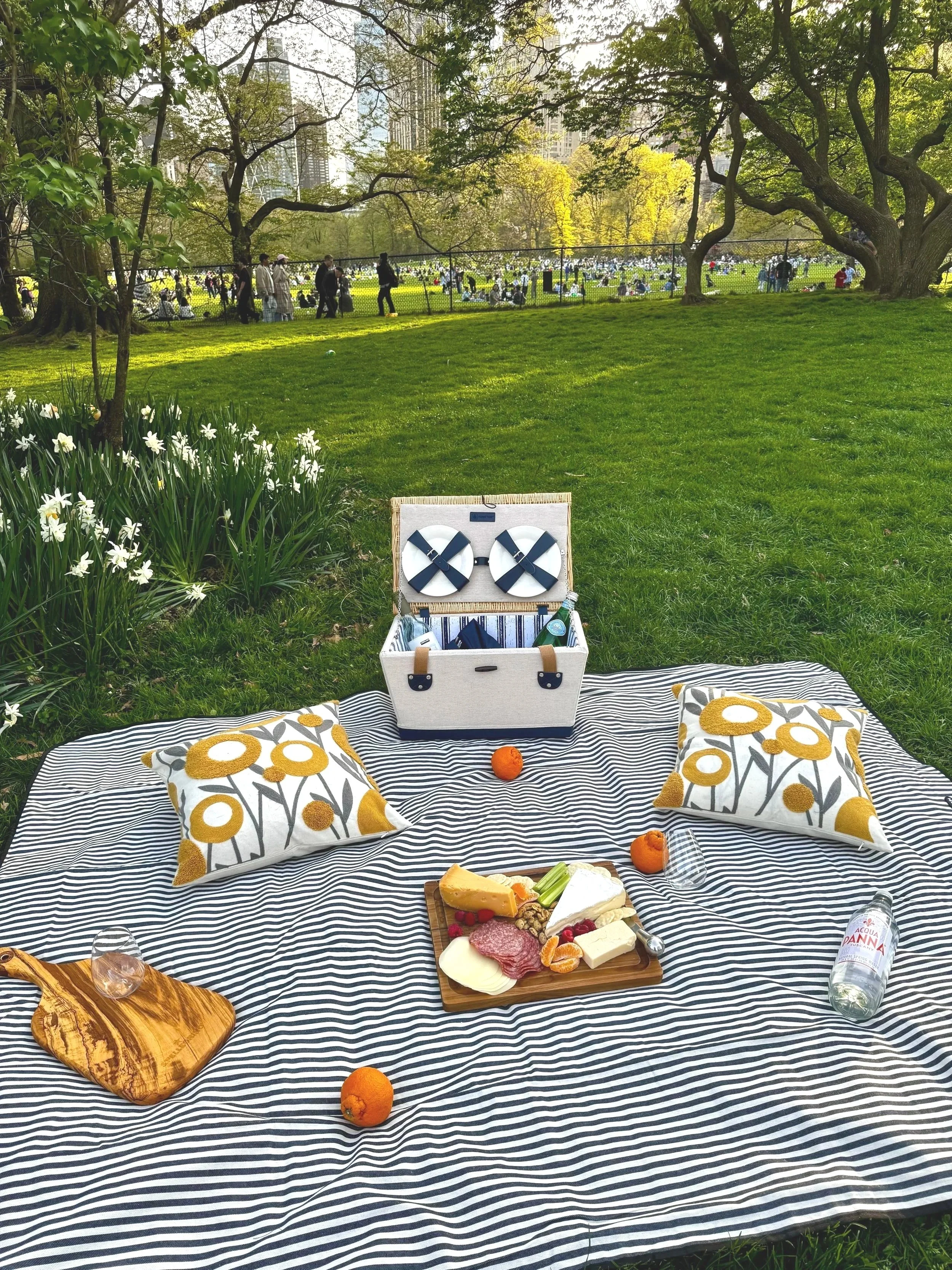 Picnic setup on grass with a wicker basket, red checkered blanket, bread, grapes, cherries, croissants, cheese, and sausage.