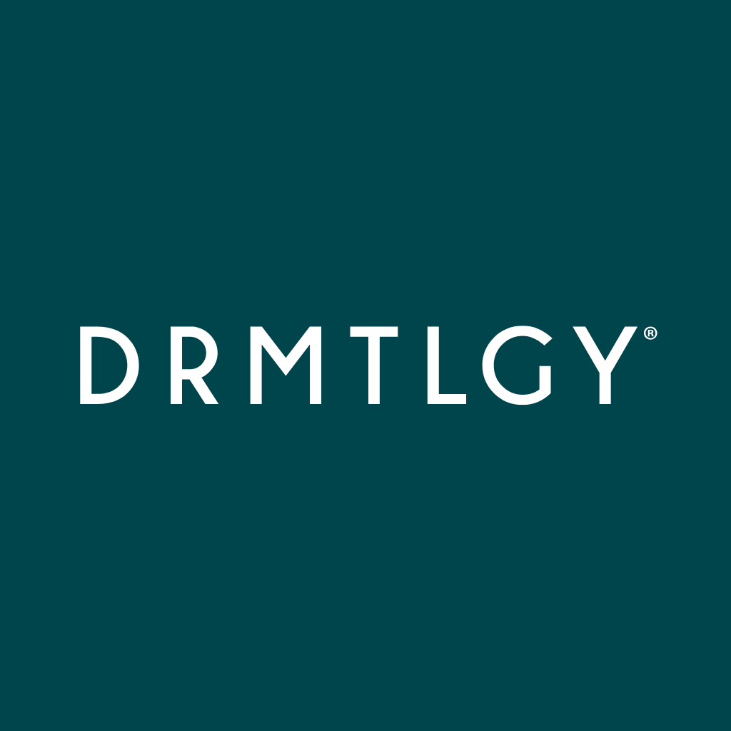 Logo with white uppercase letters 'DRMTLGY' on a dark teal background.
