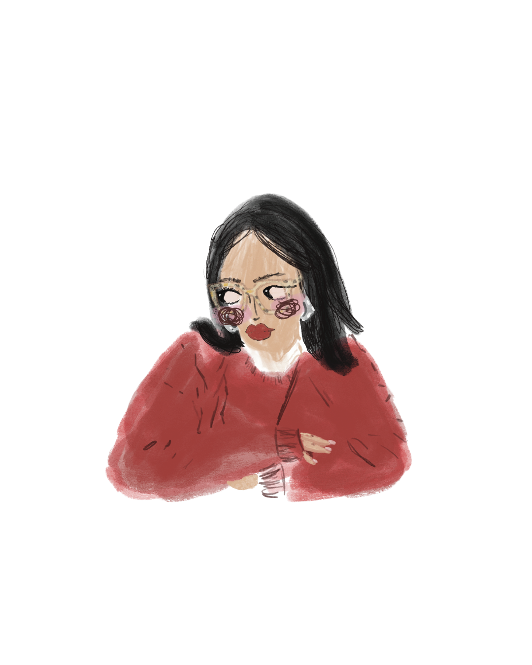 Illustration of a woman with black hair, wearing glasses, a white shirt, and a red sweater, sitting at a table with her hands resting on it.