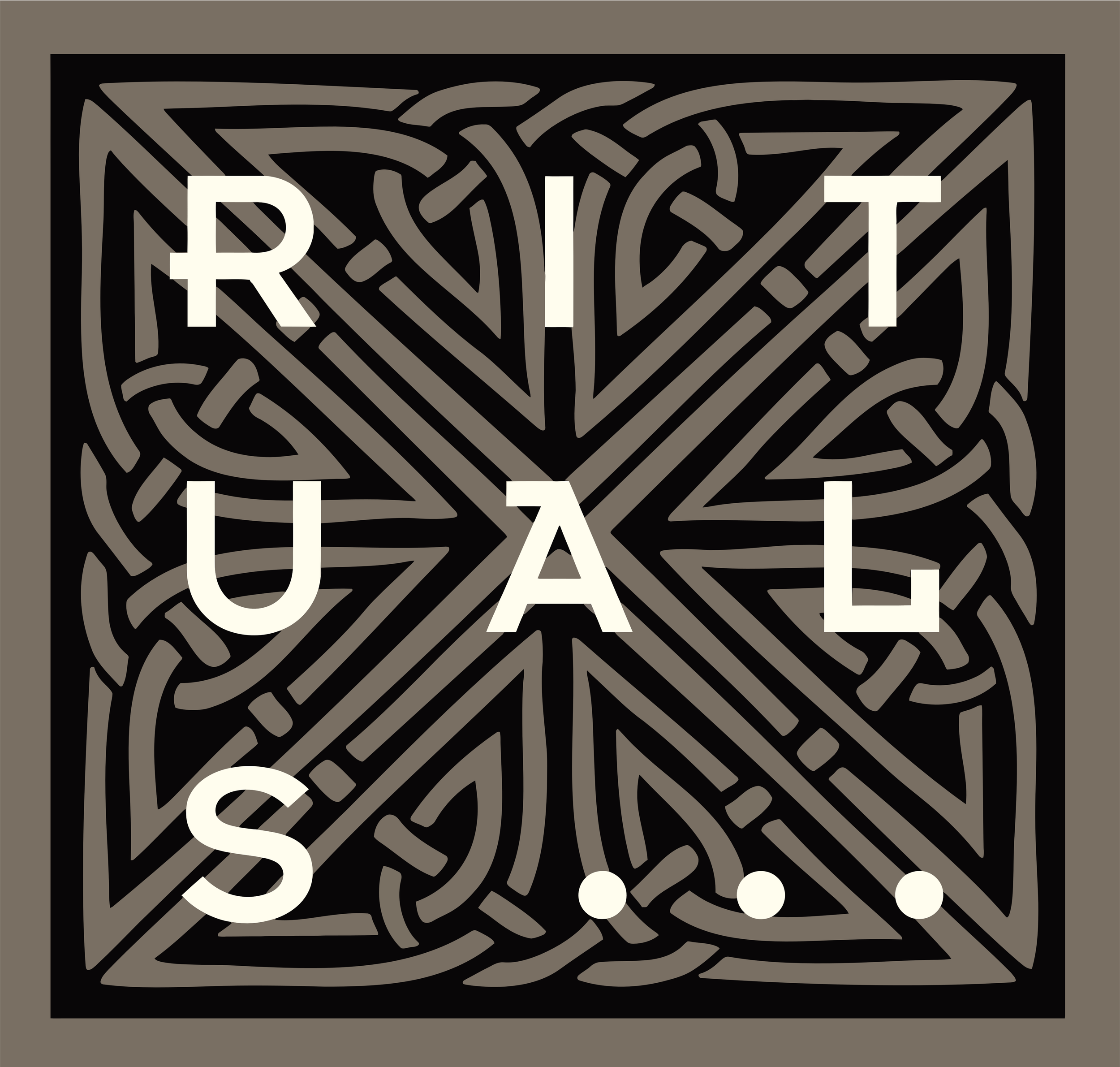 A decorative square design with intricate black and gray Celtic knot patterns, overlaid with large white letters spelling 'RITUALS' and a white dot below 'A'.