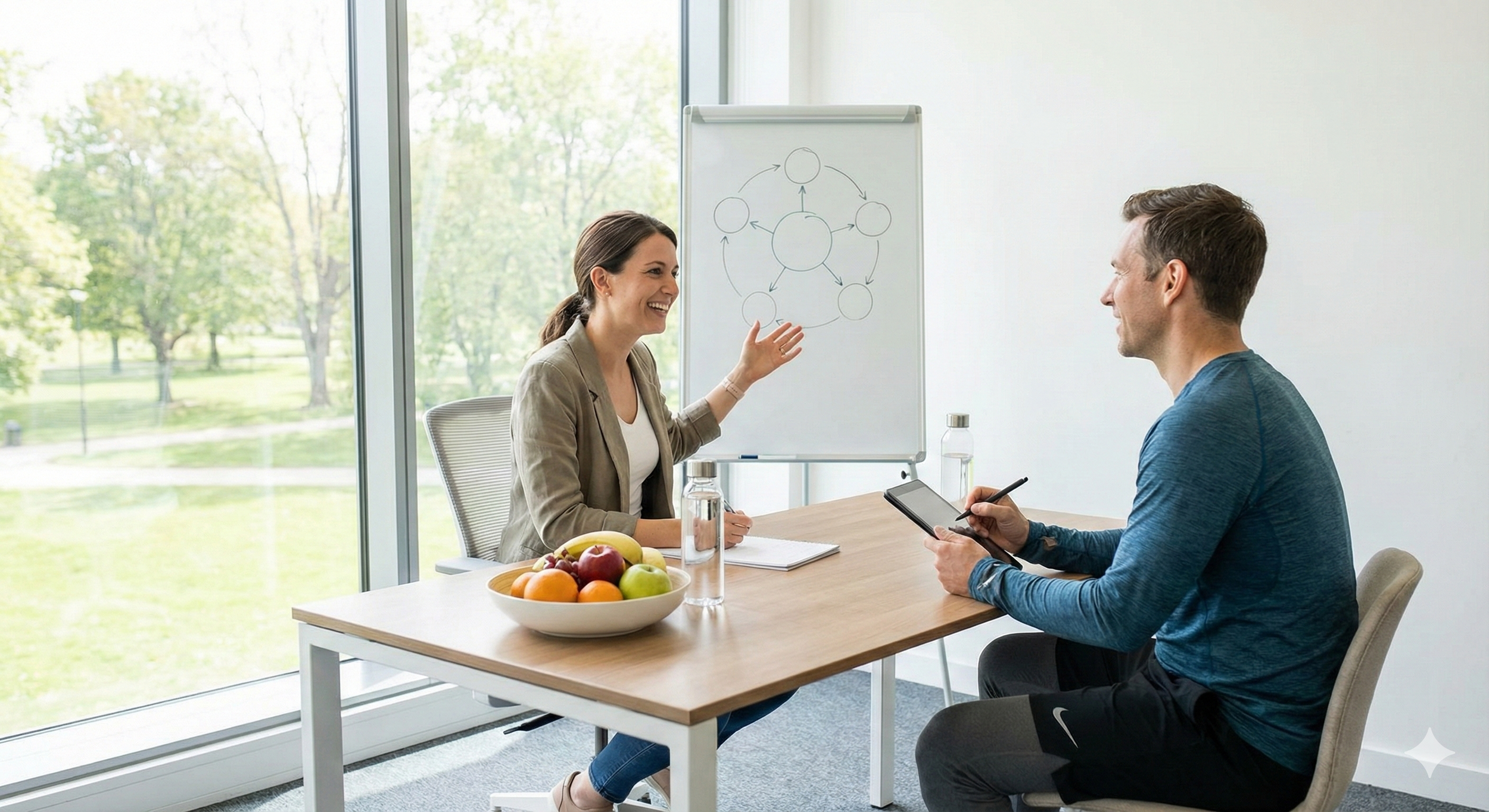 Two people in a business meeting: a woman explaining a diagram on a whiteboard to a man taking notes on a tablet, with a bowl of fruit and water bottles on the table, large window showing outdoor scenery in the background.