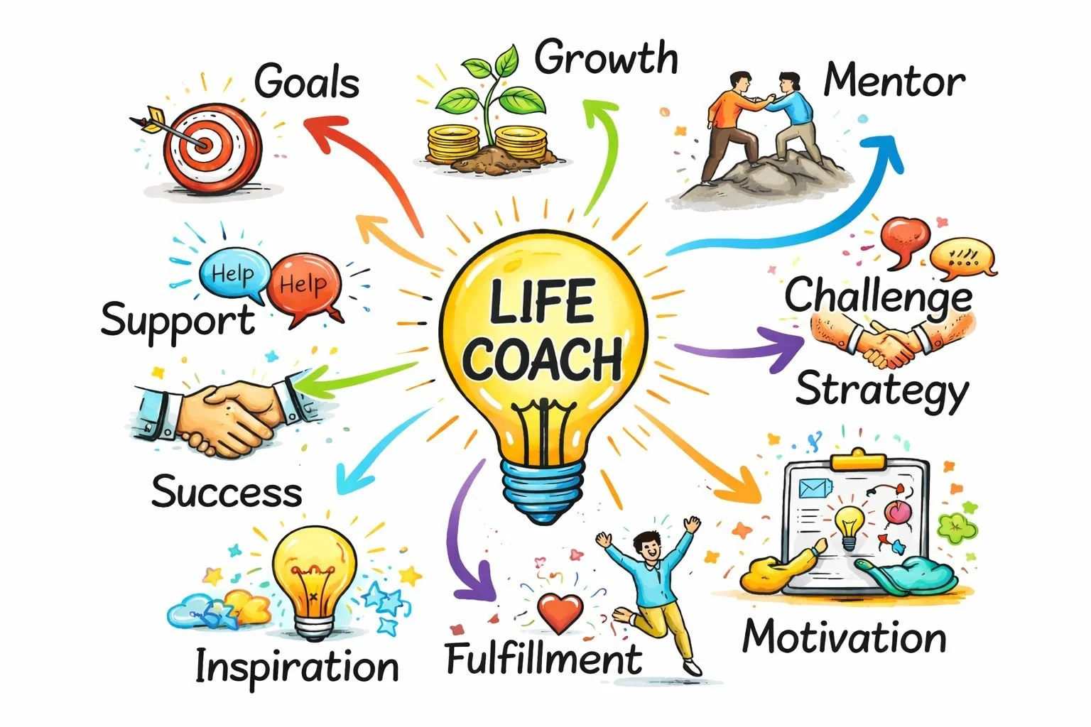 A colorful infographic illustrating various aspects of life coaching. Features a central yellow light bulb labeled 'LIFE COACH,' surrounded by icons and words such as 'Goals' with a target, 'Growth' with coins and a plant, 'Mentor' with two people shaking hands, 'Challenge' with speech bubbles and a handshake, 'Strategy' with a clipboard, 'Motivation' with a computer and light bulb, 'Fulfillment' with a happy person and a heart, 'Inspiration' with a light bulb, 'Support' with two speech bubbles, 'Success' with a trophy, and arrows connecting these elements.