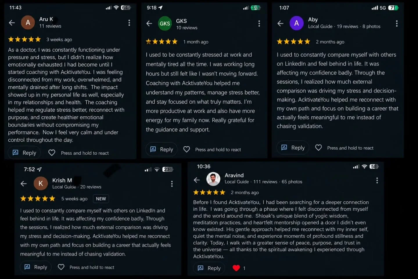 ⭐ Real reviews. Real transformations.⭐

From overcoming stress and self-doubt to finding clarity, confidence, and purpose&mdash;these experiences reflect what's possible when you invest in your personal growth.

Thank you to everyone who has trusted 