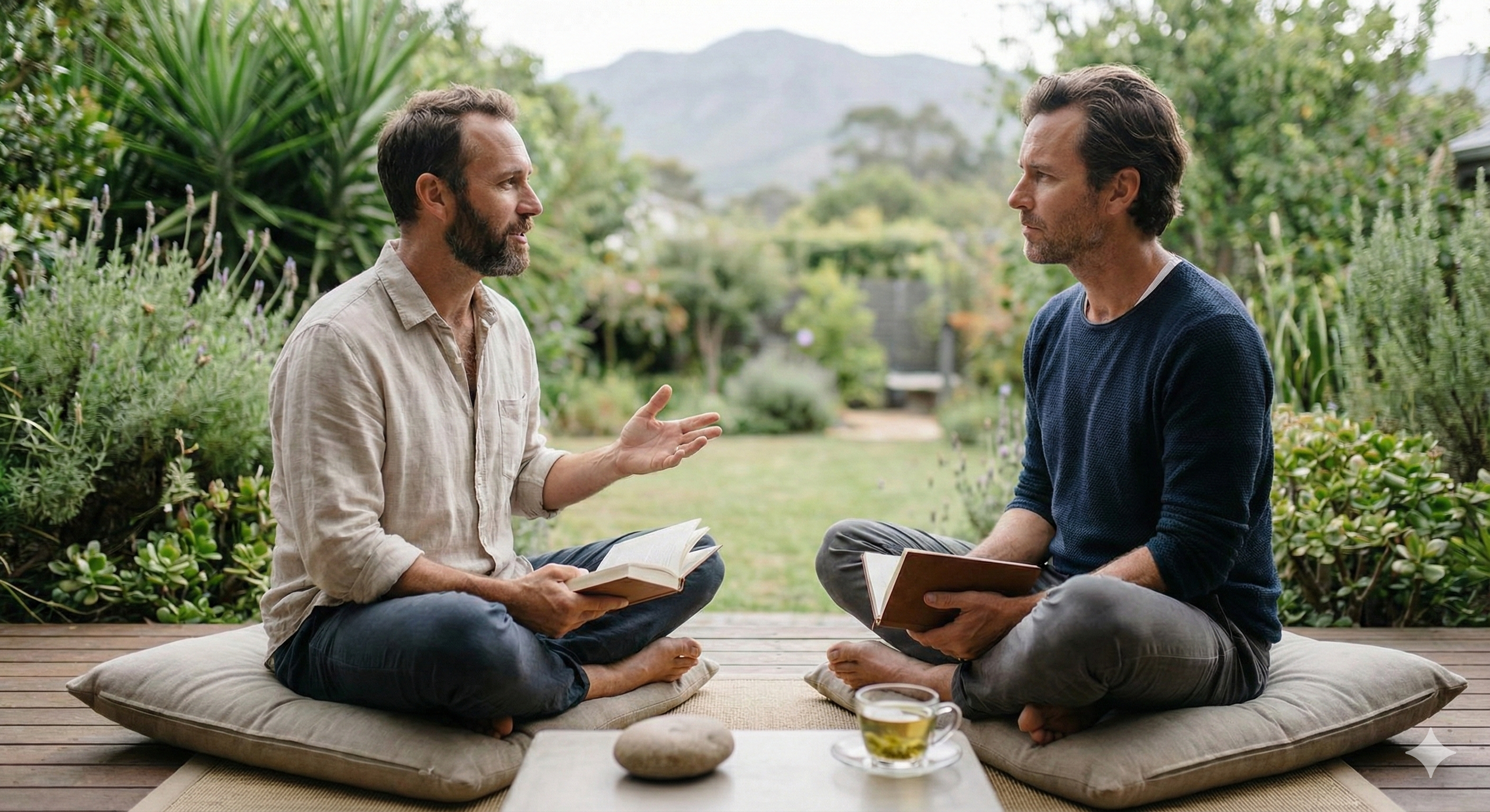Two men sitting cross-legged on cushions, engaging in a conversation while holding open books, outdoors in a garden setting. One man gestures with his hand, and there is a glass of tea and a stone on a small table in front of them.