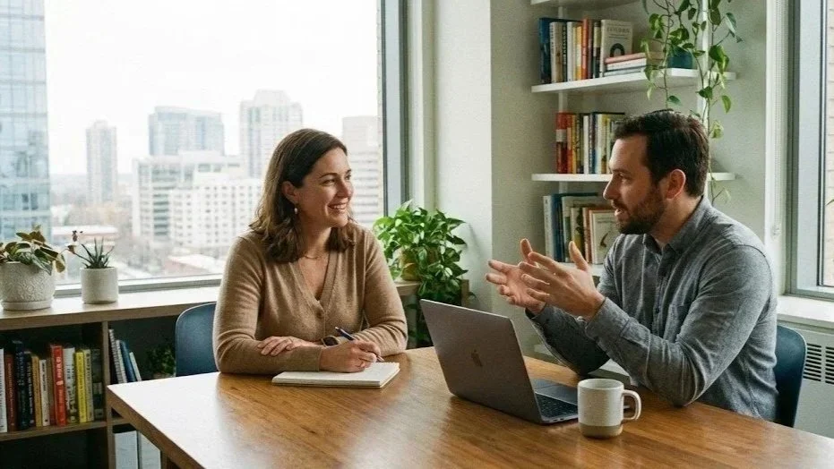 A man and woman are having a conversation in an office. The woman is smiling, taking notes, while the man is speaking with expressive hand gestures. There are large windows with a cityscape view, bookshelves with books, plants, and a laptop and mug on the table.
