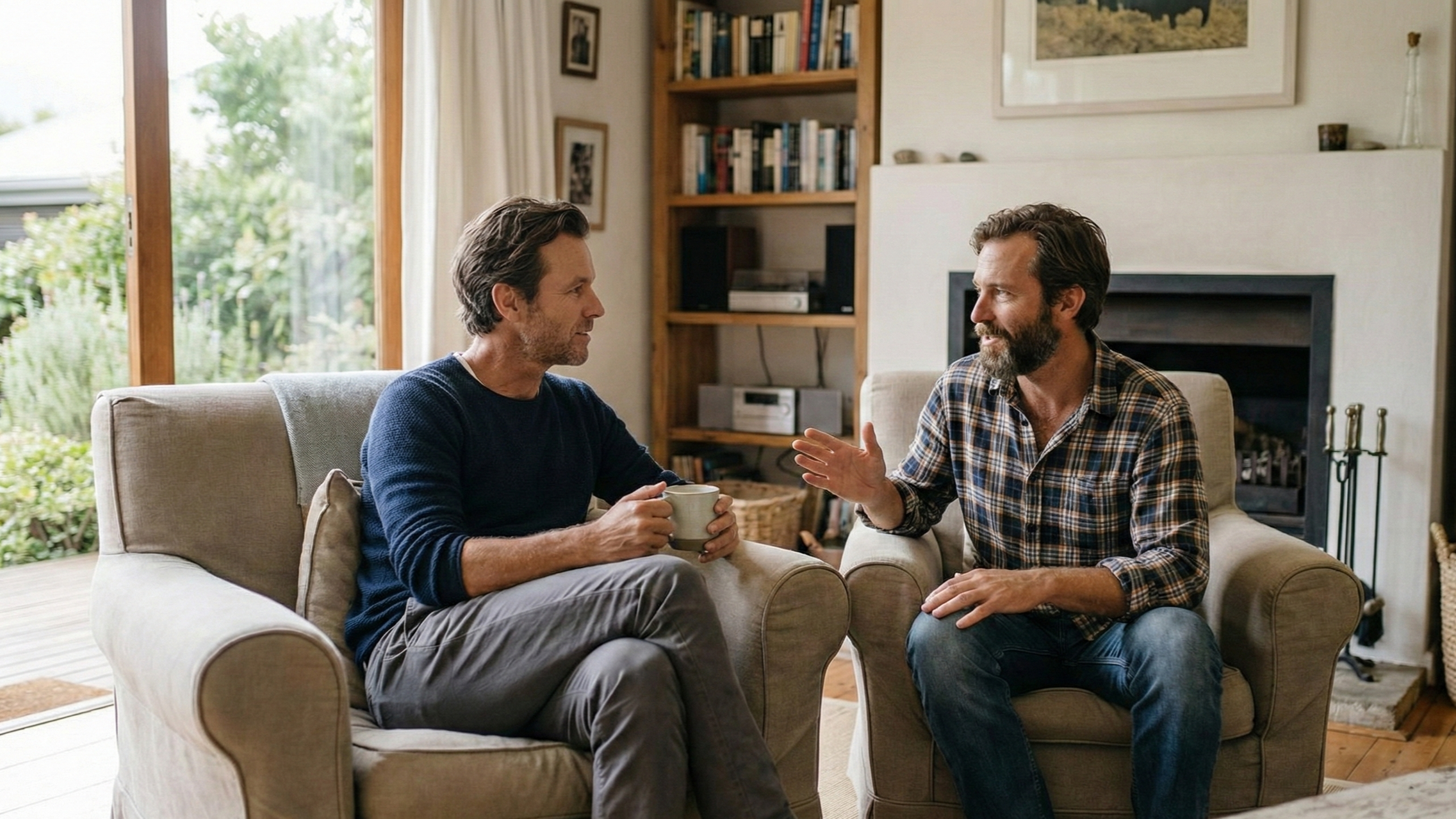 Two middle-aged men with beards and dark hair are sitting on beige armchairs in a living room, engaging in a conversation. The man on the left is wearing a navy sweater, holding a mug, and listening attentively. The man on the right, dressed in a plaid shirt, is gesturing with his right hand while speaking. Behind them, there is a large window with a view of greenery, a fireplace, a bookshelf filled with books, and framed artwork on the walls.