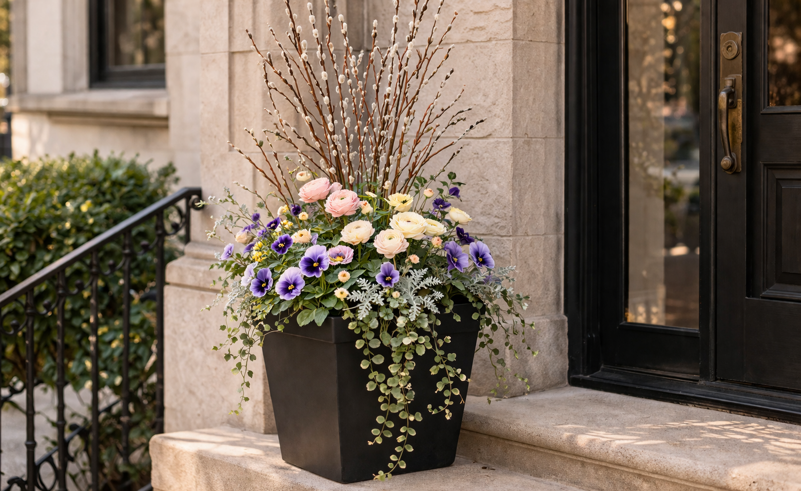 elegant stone entrance with spring blooms.png
