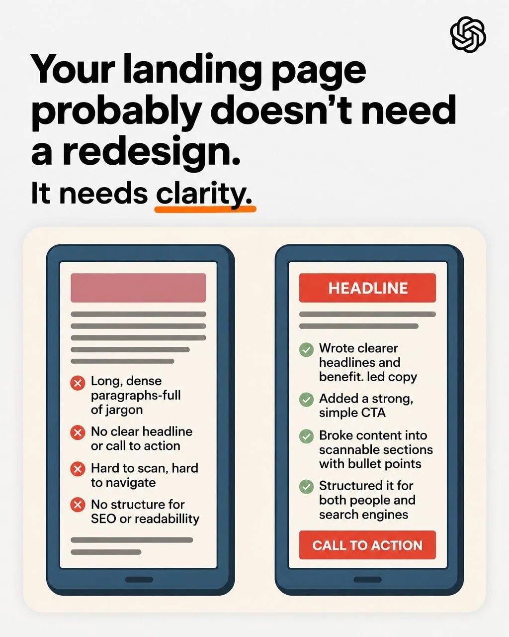 A landing page that isn't converting often gets pencilled in for a full redesign.

In our work with service businesses and digital brands, the fix usually starts with something smaller: clarity.

The redesign myth breaks down in three places. 👇

1. 