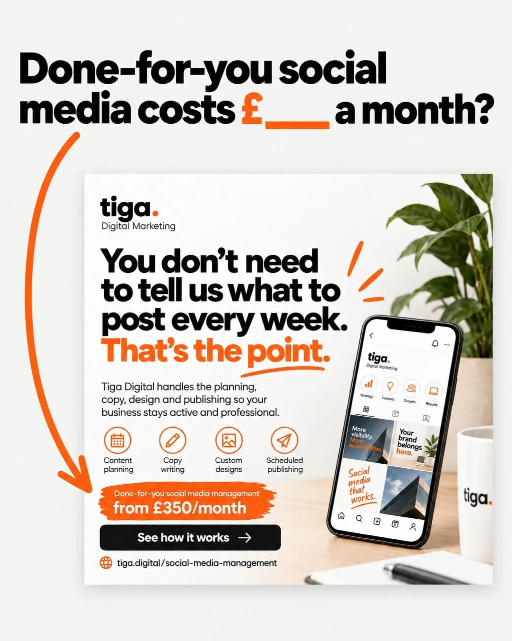 Done-for-you social media starts at &pound;___ a month.

Ask most business owners to fill in that blank and they guess high.

A large monthly retainer. A setup fee before anything happens. A long contract that ties them in.

The real figure is &pound