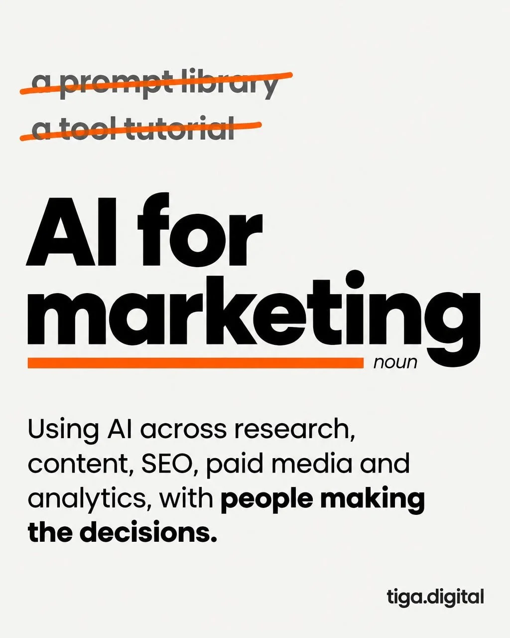 "AI for marketing" gets used loosely. Here's what we mean by it.

Using AI across the marketing work itself: strategy, research, content, SEO, paid media and analytics. With people making the decisions.

Two things often get mistaken for it