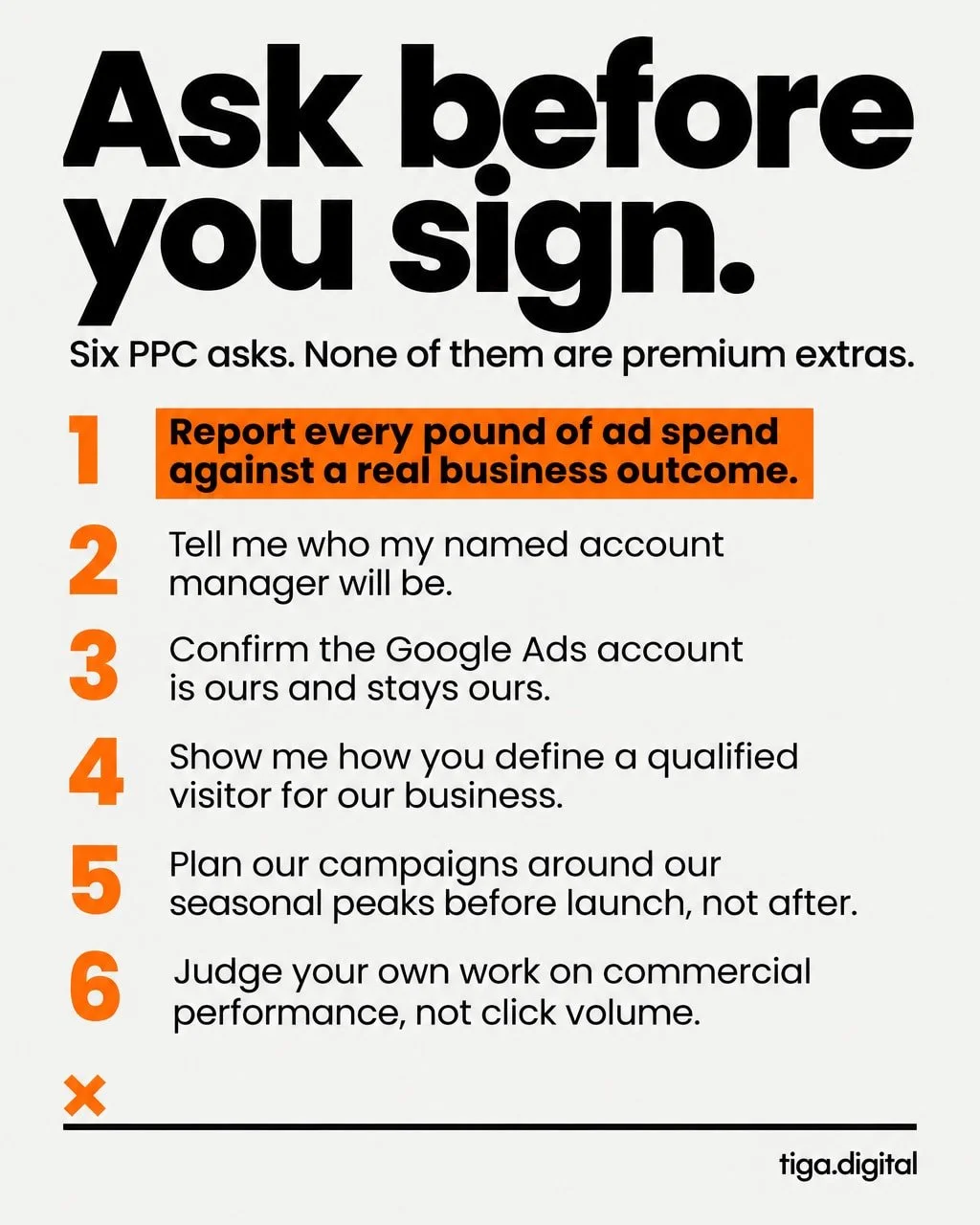 Most businesses hiring a PPC agency ask about price and platforms.

Very few ask what every pound of spend will be reported against. That's the question worth putting first.

Here are six things you can ask any PPC agency for before you sign. None of