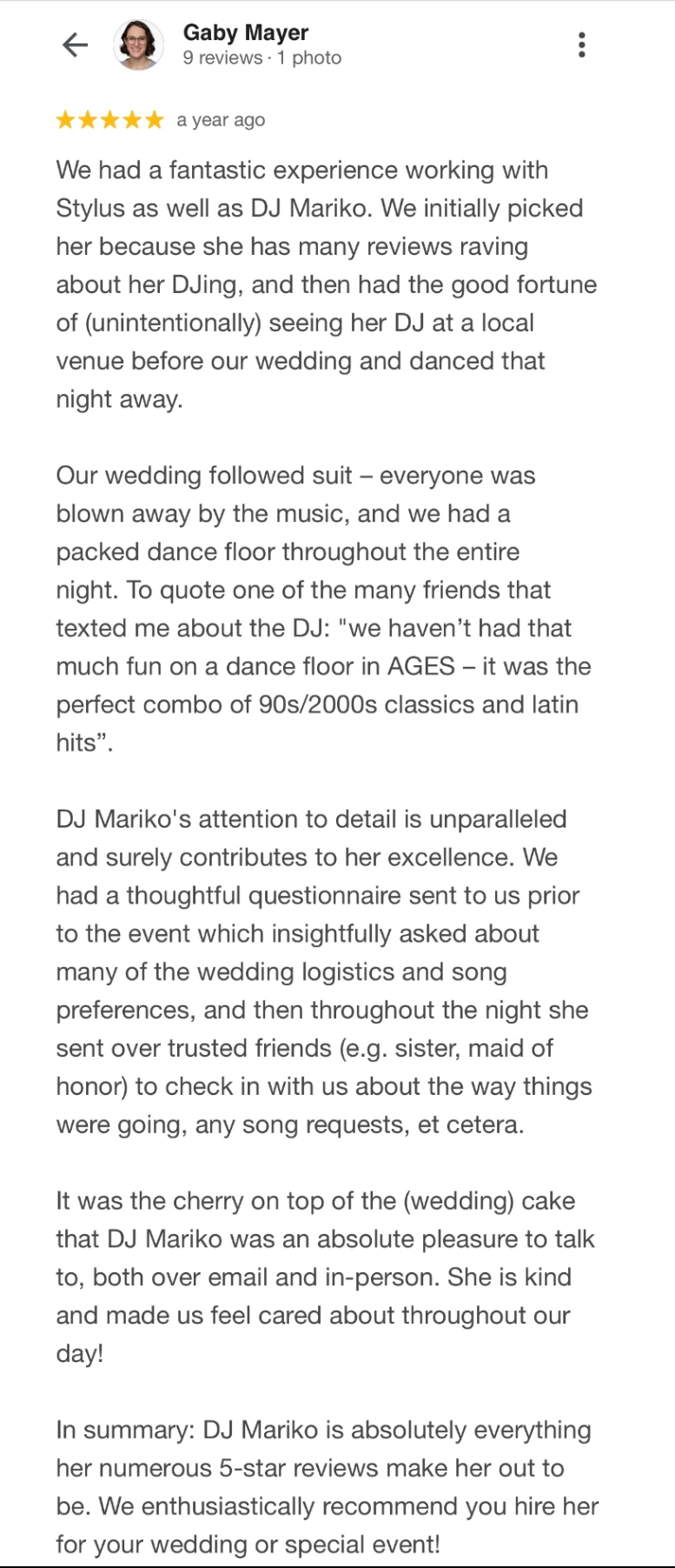 Five-star Google review of DJ Mariko — wedding DJ in New York City praised for professionalism and attention to detail