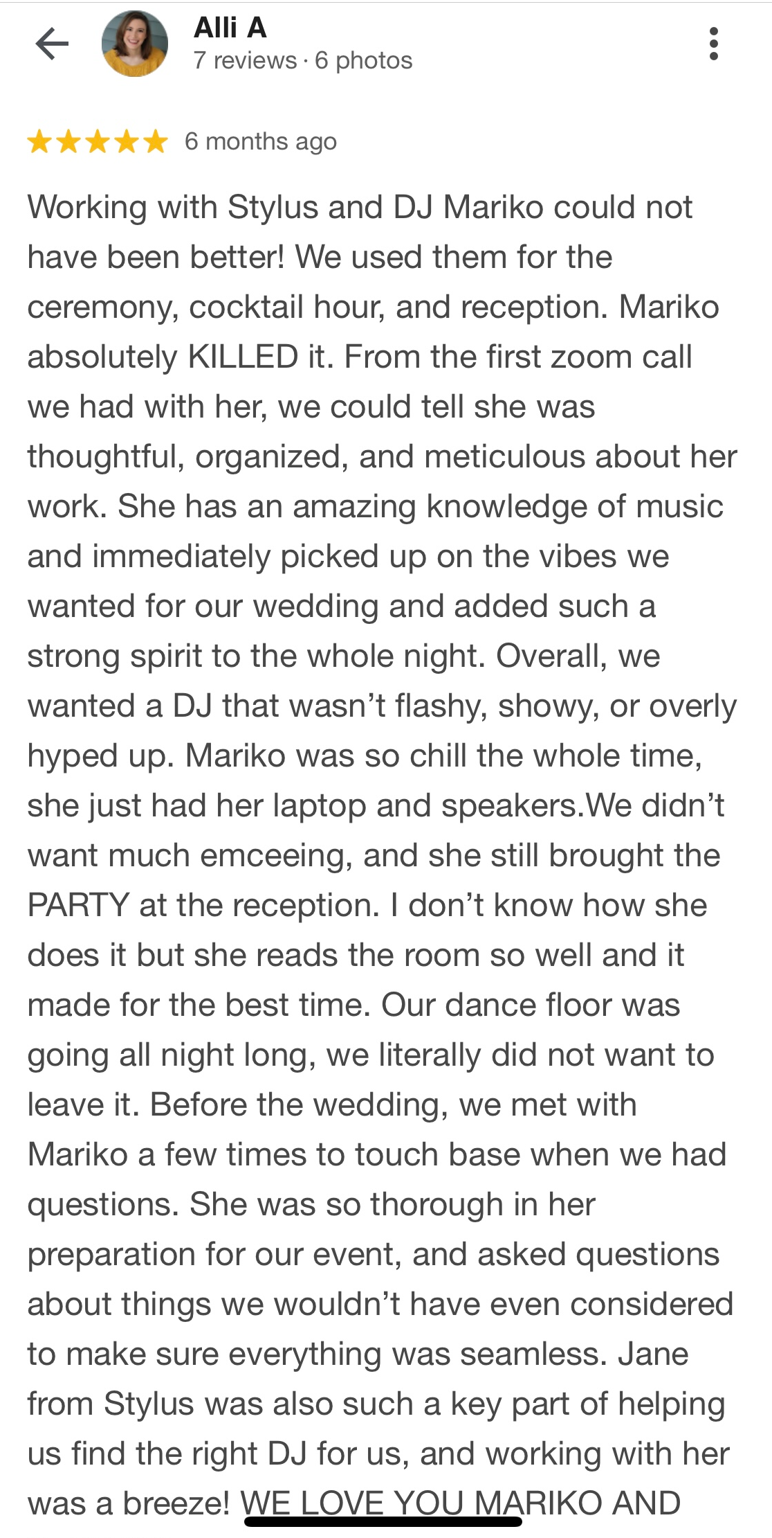 Five-star review of DJ Mariko — wedding reception DJ praised for music selection and professionalism in New York
