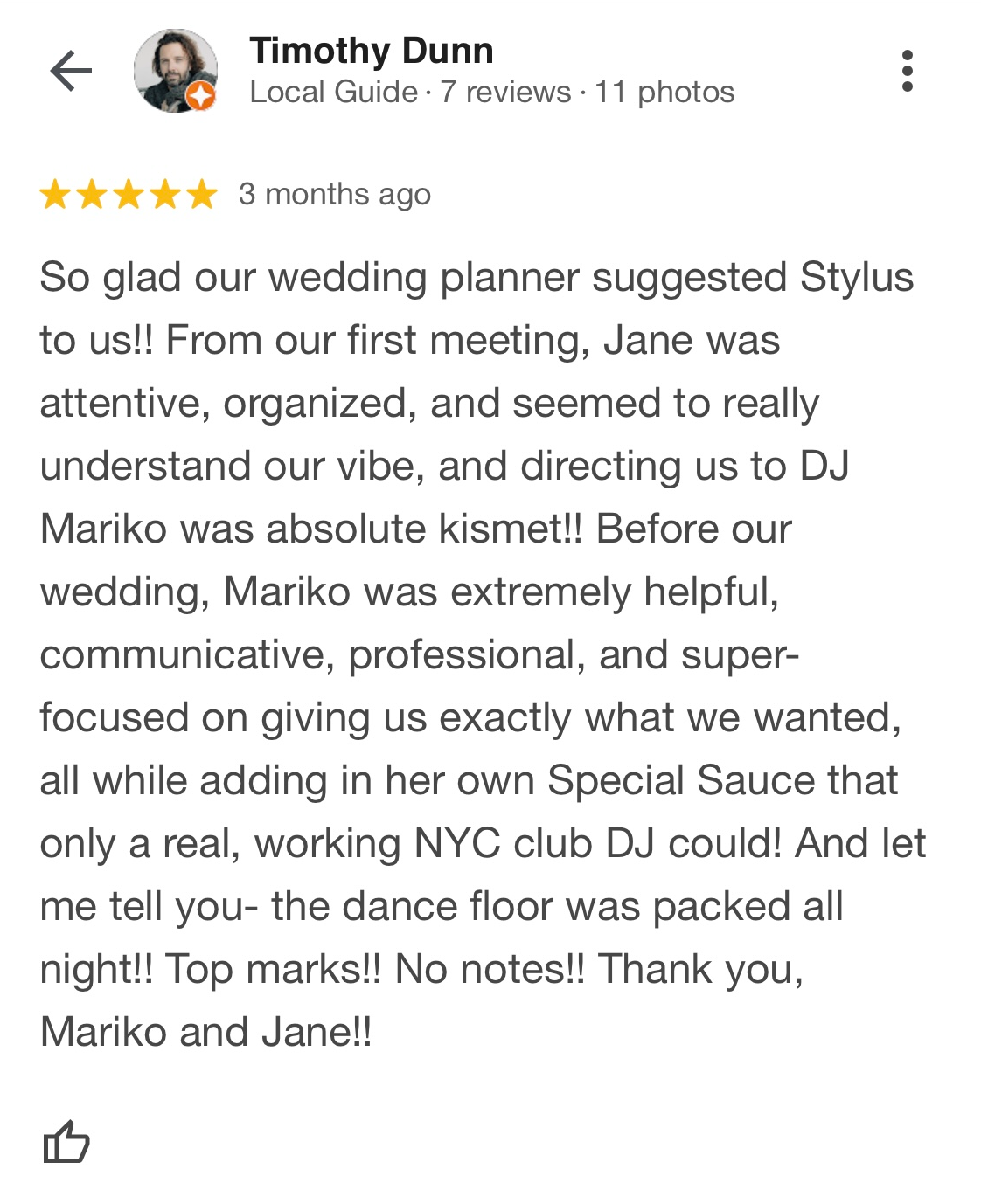 Five-star Google review of DJ Mariko — NYC wedding DJ praised for professionalism and seamless event coordination
