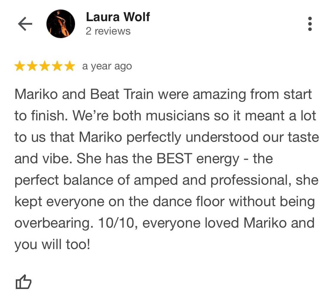 Five-star review of DJ Mariko — wedding DJ NYC praised for energy and keeping the dance floor packed all night
