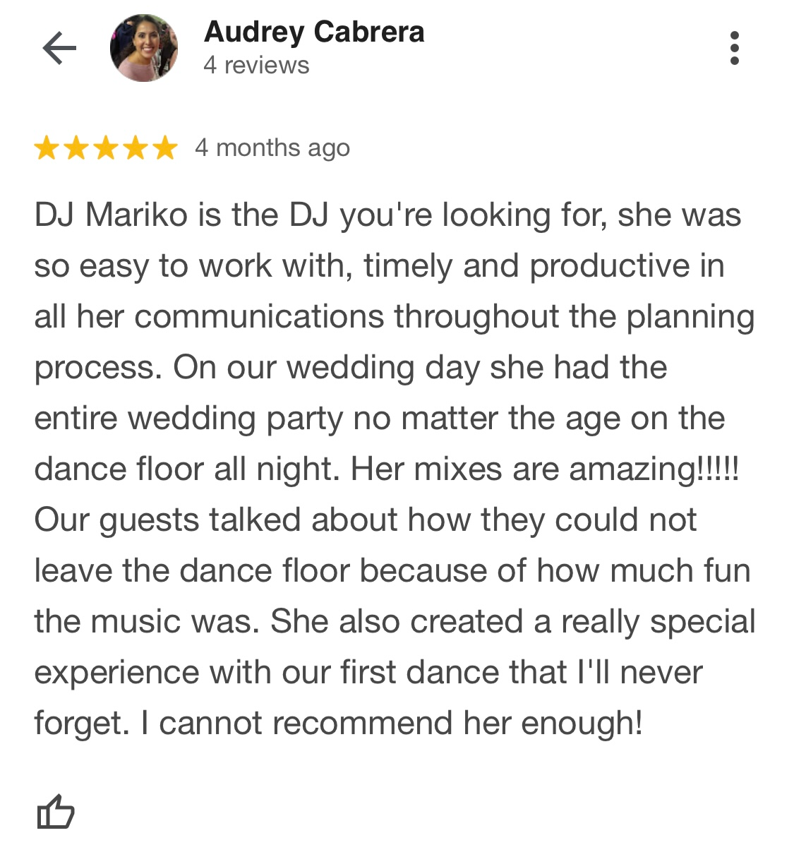 Five-star Google review of DJ Mariko — NYC wedding DJ praised for custom music mixes and communication throughout planning