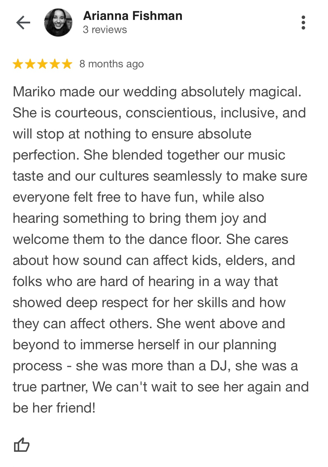 Five-star Google review of DJ Mariko — multicultural wedding DJ NYC praised for cultural inclusiveness and dedication