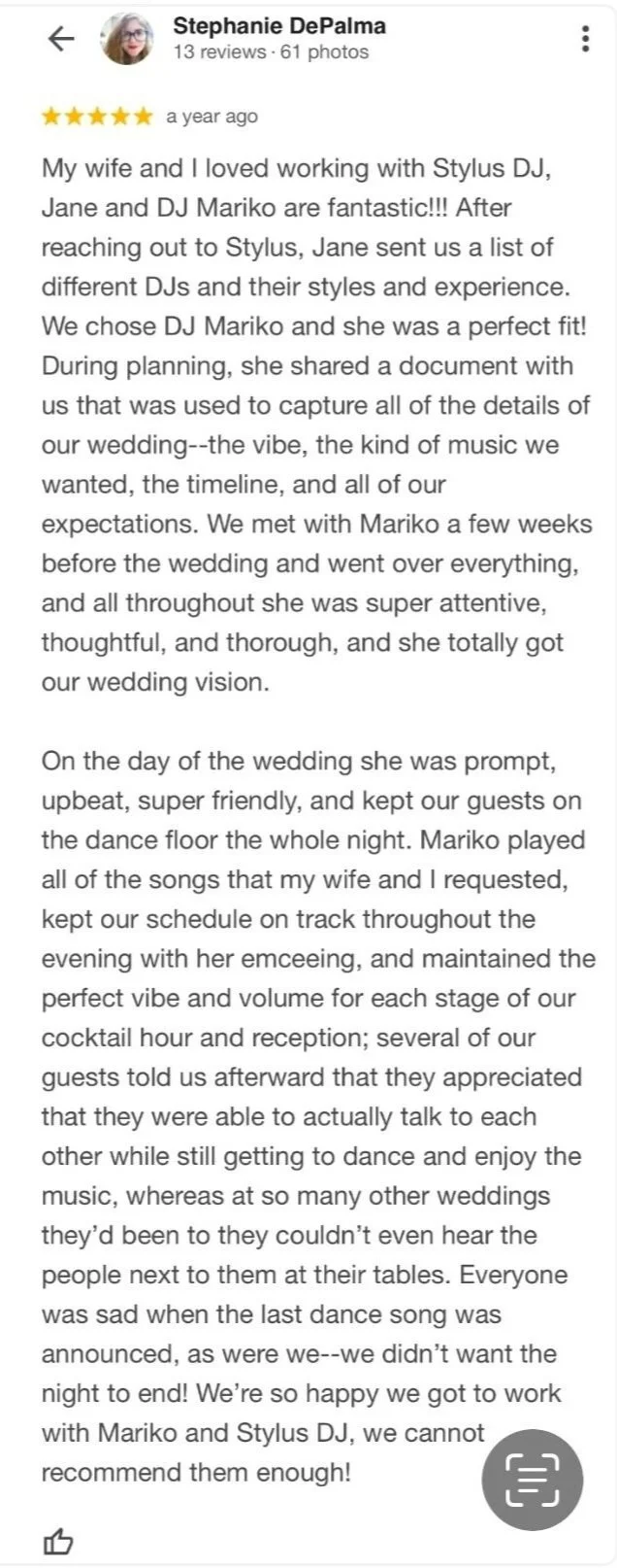 Five-star wedding review praising DJ Mariko — NYC wedding DJ recommended alongside top event vendors