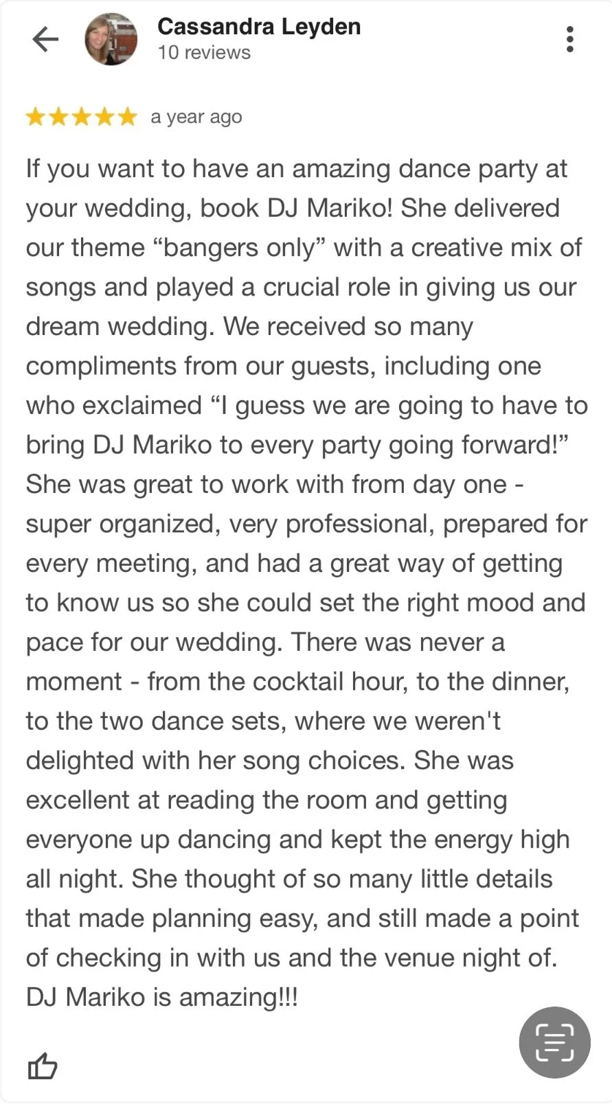 Five-star Facebook review of DJ Mariko — wedding DJ NYC praised for creativity and keeping guests dancing all night