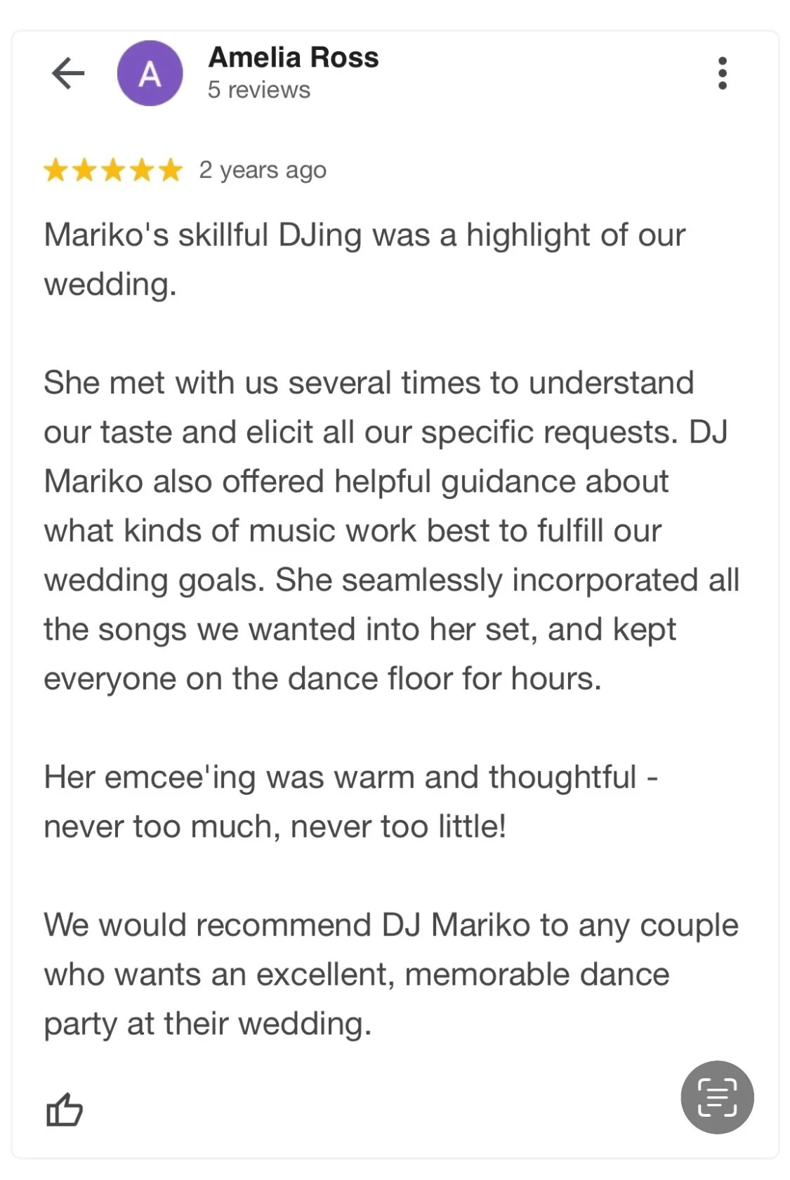 Five-star Google review of DJ Mariko — NYC wedding DJ praised for musical skills and dedication on the big day