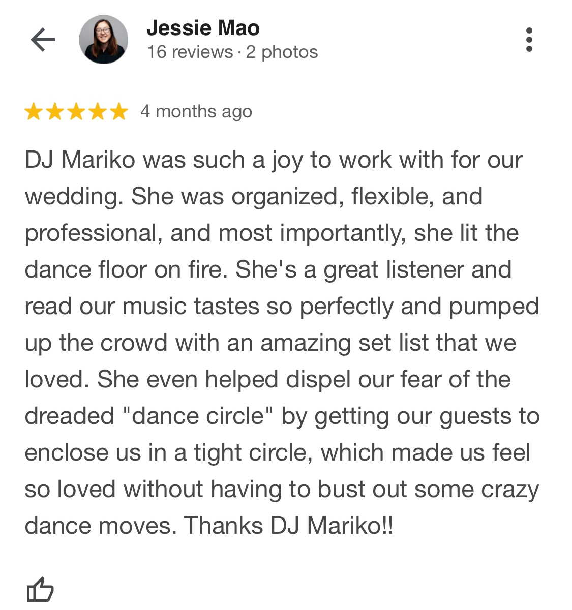 Five-star Google review of DJ Mariko — wedding DJ NYC praised for energizing the dance floor and engaging every guest