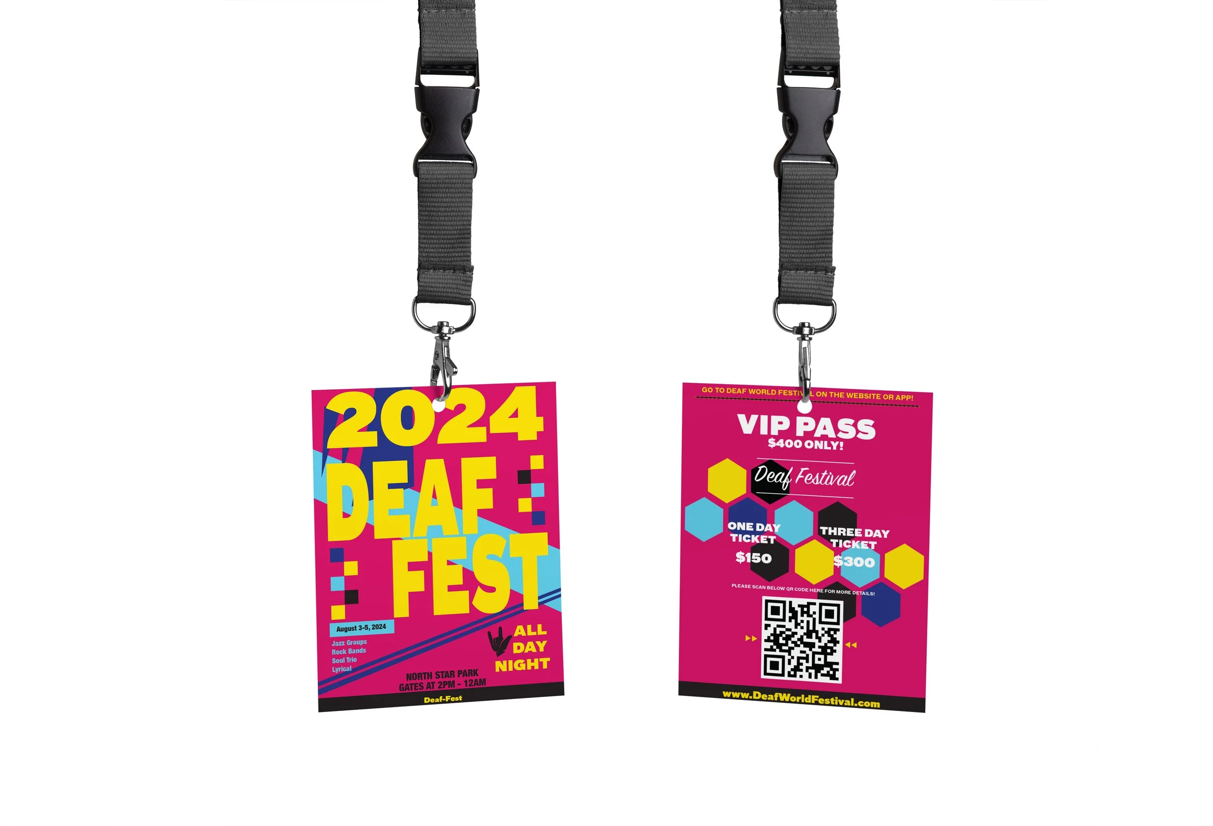 Two event passes hanging from black lanyards. The left pass is promotional, colorful with the text '2024 Deaf Fest,' an August 3-5, 2024, event at North Star Park. The right pass, pink with hexagon designs, is a VIP pass for Deaf Festival, offering a