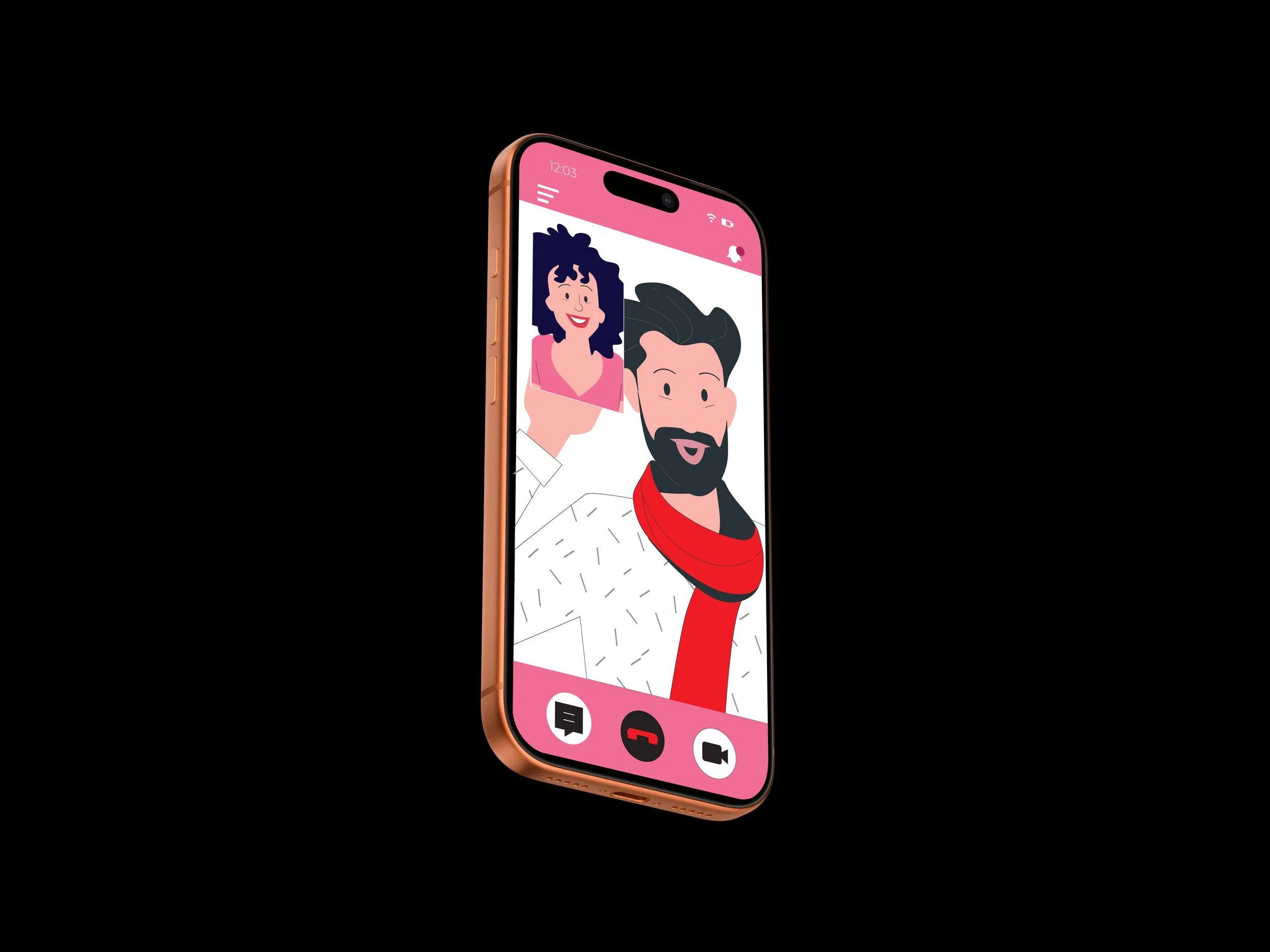 Close-up of a smartphone with a pink screen showing a video call or messaging app with cartoon avatars of a woman with curly hair and a man with a beard, set against a black background.