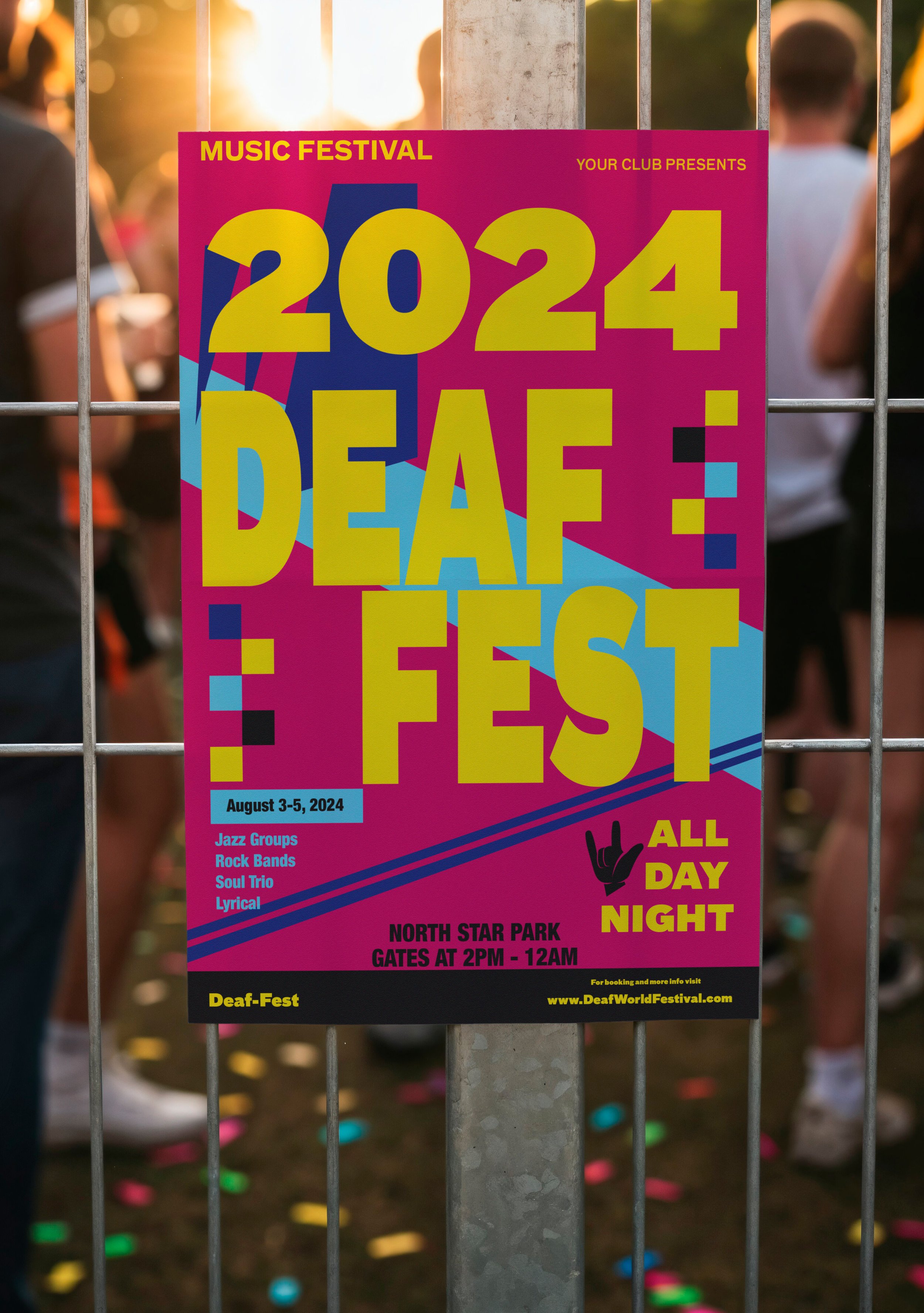 A colorful poster for the 2024 Deaf Fest music festival, held from August 3-5, at North Star Park. The poster promotes various music genres including jazz, rock, soul, and lyrical performances, with gates opening at 2 PM and closing at midnight. The 